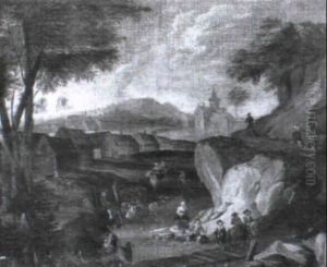A River Landscape With Travellers Conversing On A Bridge by Theobald Michau