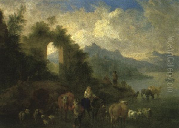 An Italiante Landscape With Drovers Watering Cattle At A Lakeside - view 1