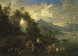 An Italiante Landscape With Drovers Watering Cattle At A Lakeside