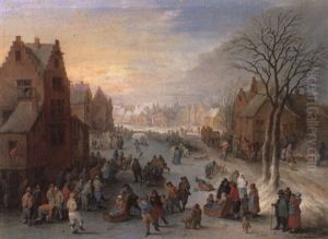 Winter Townscape With Numerous Figures Skating On A Frozen River
