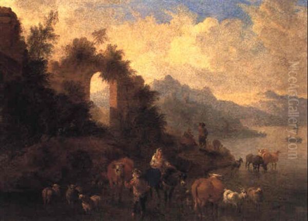 Italianate Landscape With Drovers Watering Cattle - view 1