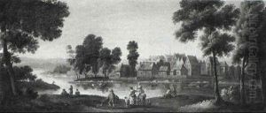 River Landscape With Figures On Bank Opposite A Town