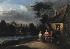 Feierabend Vor Dem Bauernhof Am Fluss by Theobald Michau