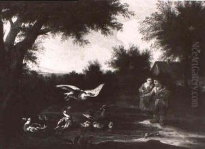 Bauernpaar Beim Entenf_ttern Am Teich by Theobald Michau