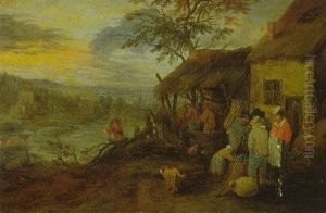 Paysans Pietinant Des Raisins Apres Les Vendanges Devant Une Ferme Dans Un Paysage Vallone by Theobald Michau