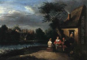 Feierabend Vor Einem Bauernhofe Am Fluss by Theobald Michau
