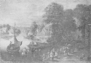 Landscape With Peasants, Cattle And A Waggon On The Banks Of A River Near A Village Landscape With Peasants, Cattle And A Waggon On The Banks Of A River Near A Village