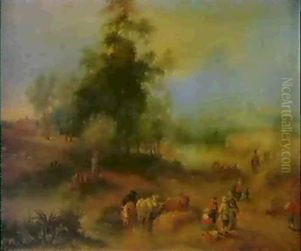 An Extensive Landscape With Peasants And Cattle Beside A Stream - view 1