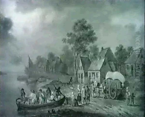 Figures Embarking From A Ferry By A Village - view 1