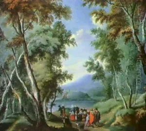 A Wooded Landscape With Fruit Sellers And Other Figures On A Path, A River Beyond A Wooded Landscape With Fruit Sellers And Other Figures On A Path, A River Beyond