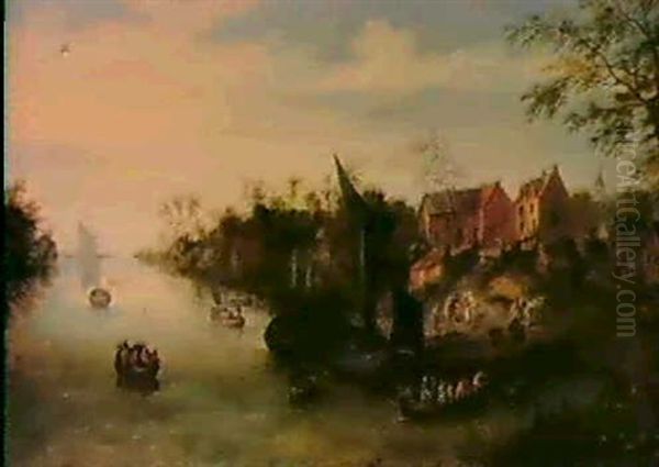A River Landscape With Boats Near A Village - view 1