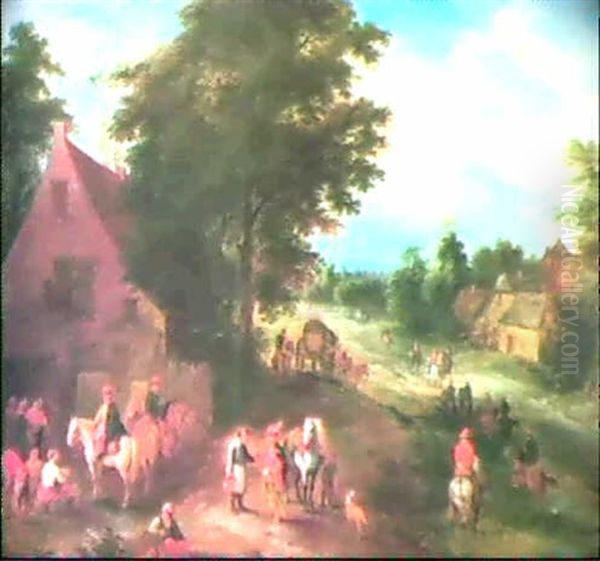 Travellers Resting Before An Inn In A Country Village Street - view 1