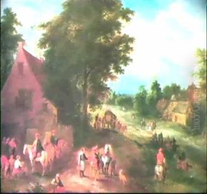 Travellers Resting Before An Inn In A Country Village Street by Theobald Michau
