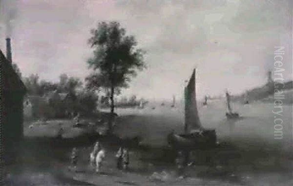 River Landscape With Figures By A Village - view 1