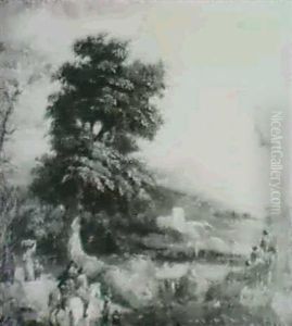 A Wooded River Landscape With A Horseman Taking Directions  On A Road by Theobald Michau
