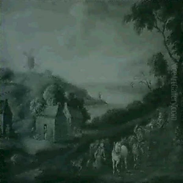 A Mountainous River Landscape With Travellers On A Path - view 1