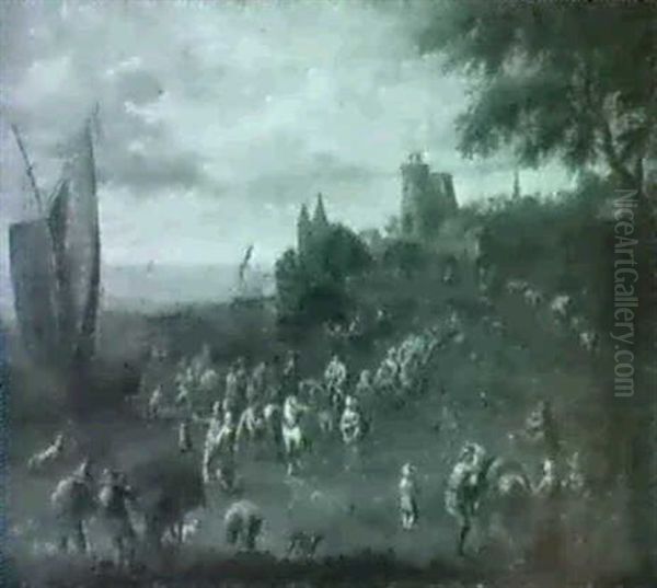 A Coastal Landscape With Travelers On A Road, A Village In This Distance. - view 1