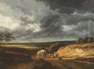 Verhangene Wolken Uber Weiter Landschaft Mit Bauernwagen by Georges Michel