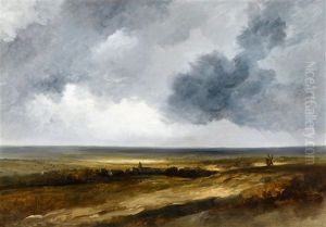 Panoramic Landscape With A Village And Windmill by Georges Michel
