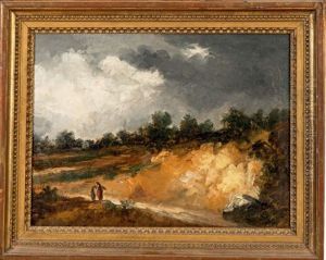 Paysanne Et Sa Fille Dans Un Paysage Sous Un Ciel D'orage