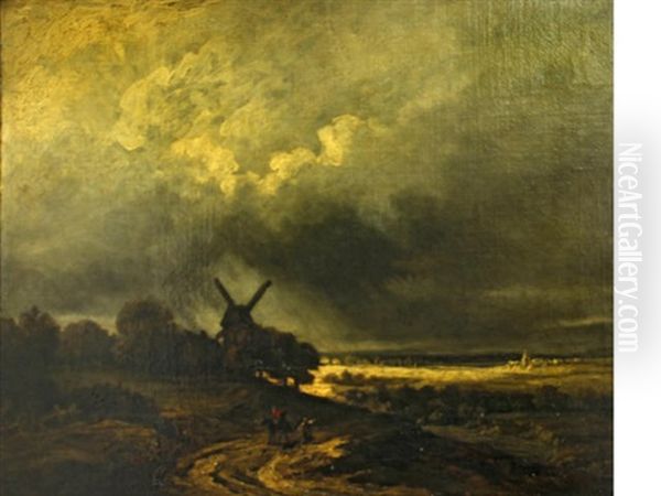 A Landscape With A Windmill And Figures On A Track In The Foreground - view 1