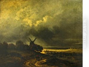 A Landscape With A Windmill And Figures On A Track In The Foreground