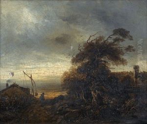 Sturmische Landschaft Mit Hausern Und Bauerin by Georges Michel