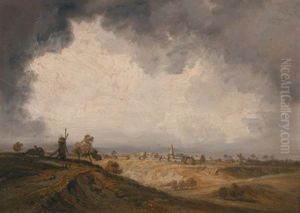 Landschaft In Der Umgebung Von Paris Mit Einer Windmuhle Und Einem Dorf Landschaft In Der Umgebung Von Paris Mit Einer Windmuhle Und Einem Dorf