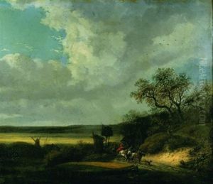 Une Carriole Sur Un Chemin Dans Un Paysage De Plaine (in Collab. W/edouard Swebach)