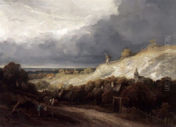 Landschaft Mit Kirchdorf Und Windmuhle Vor Gewitterhimmel - view 1