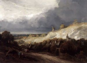 Landschaft Mit Kirchdorf Und Windmuhle Vor Gewitterhimmel