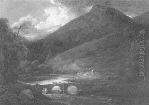 Gebirgslandschaft Mit Flus Und Bogenbrucke - view 1