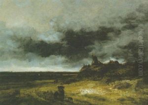 Figures Passing By A Mill by Georges Michel