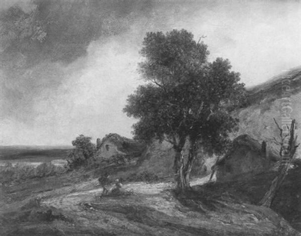 Repos Des Paysans Devant Une Chaumiere Dans Un Paysage - view 1
