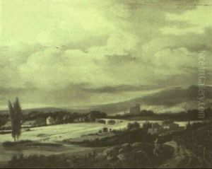 Landscape With Figures On A Track Near A River By A Vineyard by Georges Michel
