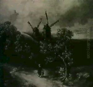 Figures On A Path In A Wooded Landscape With Windmills Beyond by Georges Michel