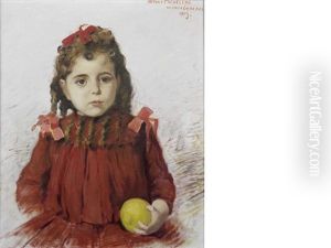 Portrait Of Maria Tello Mendoza Half Length, Seated, Holding An Apple by Arturo Michelena