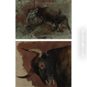 Study For La Vara Rota (+ Study For The Bull's Head In La Vara Rota, Oil On Canvas, Lrgr; Pair) by Arturo Michelena