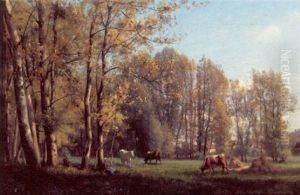 Graessende Koer Pa En Aben Slette I Udkanten Af Skoven by Leon Auguste Michelez