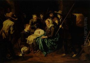 I En Rummelig Stald, Med Raa Murede Piller Og Buer, Sidder Maria Ved Siden Af Sin Nyfodte Son, Som Hun Har Redet Et Leie Til I En Krybbe, Joseph Staar Bagved Hende by Jean Michelin