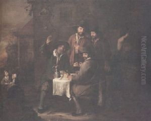 A Group Of Figures Gathered Around A Table Outside A Tavern With The Seated Figures Sealing A Wager by Jean Michelin