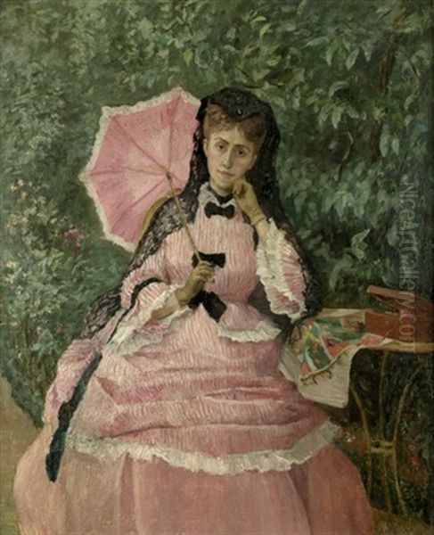 Junge Dame In Rosa, Im Garten Sitzend - view 1