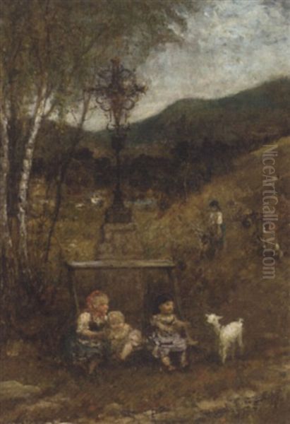 Young Children With A Lamb In A Garden - view 1