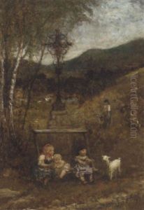 Young Children With A Lamb In A Garden by Francesco Paolo Michetti