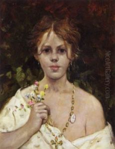 A Young Girl Holding Wild Flowers by Francesco Paolo Michetti