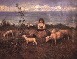 Shepherdess And Flock On The Coast by Francesco Paolo Michetti