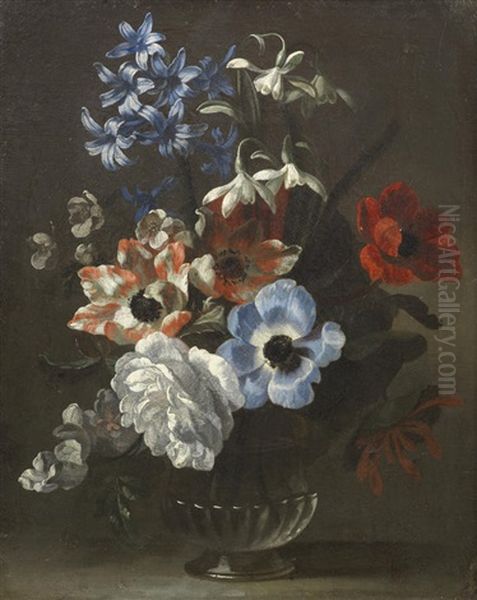 Hyacinths, Roses, Honeysuckle And Other Flowers In A Vase On A Stone Ledge - view 1