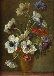 Nature Morte Au Vase D'anemones Sur Un Entablement