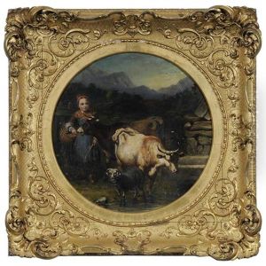 Pastoral Scene With Two Cows by John M. Michie