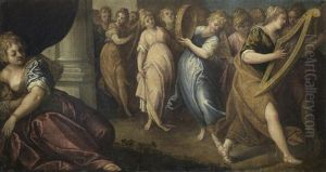 A Procession Of Women Playing Instruments by Andrea (Andrea Vicentino) Michieli